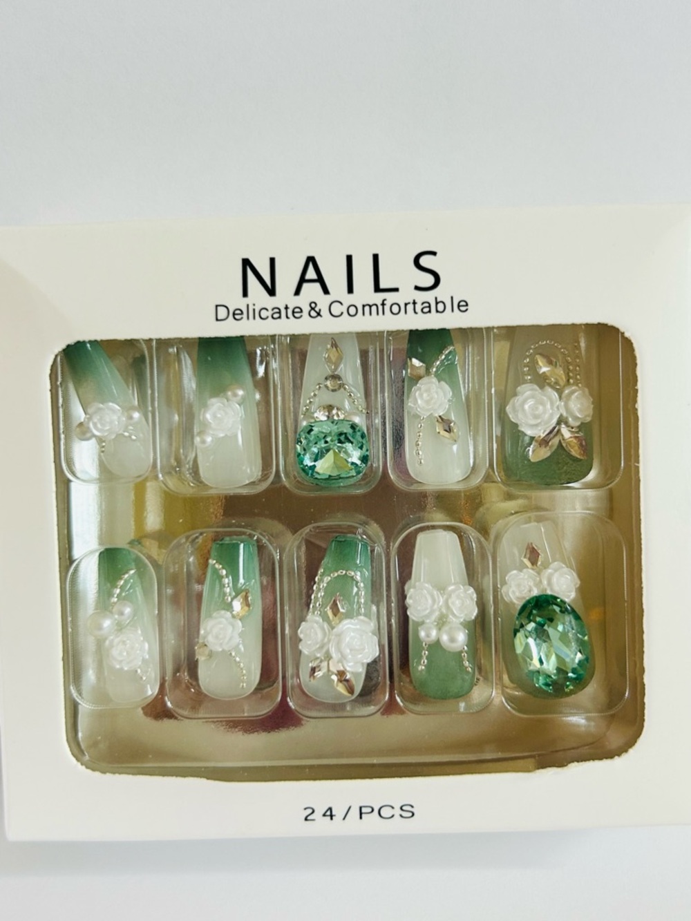 Green Ombre Floral Rhinestone Press-On Nails